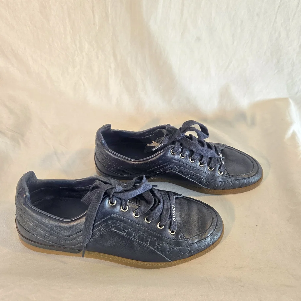 Gucci Men's Size 8C Blue Leather Logo Low Top Trainer Sneakers Shoes EUC - Picture 2 of 8